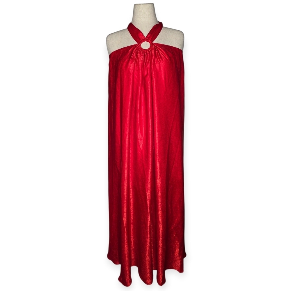 Aura Red Halter Maxi Dress Satin Look Ring Detail Formal Evening Size S